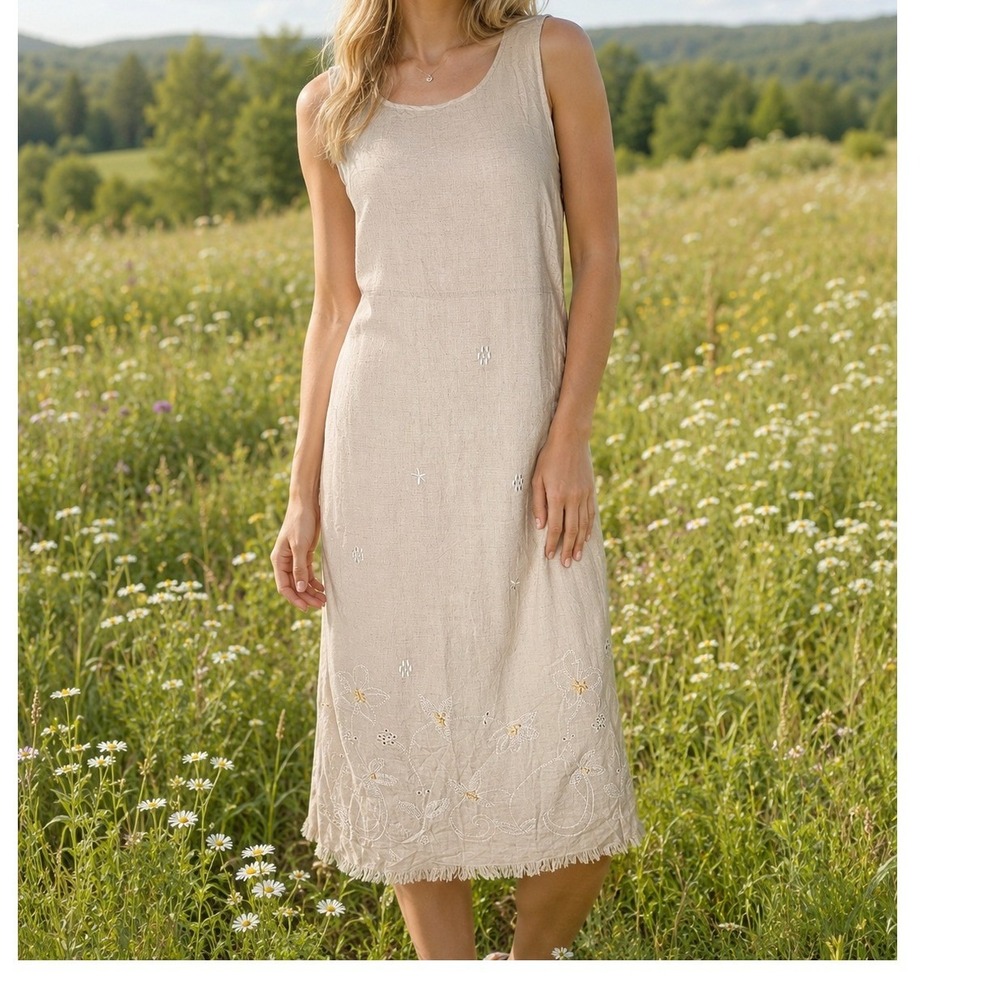 Requirements Natural Linen Maxi Dress Embroidered Beaded Sz PM Tie Back